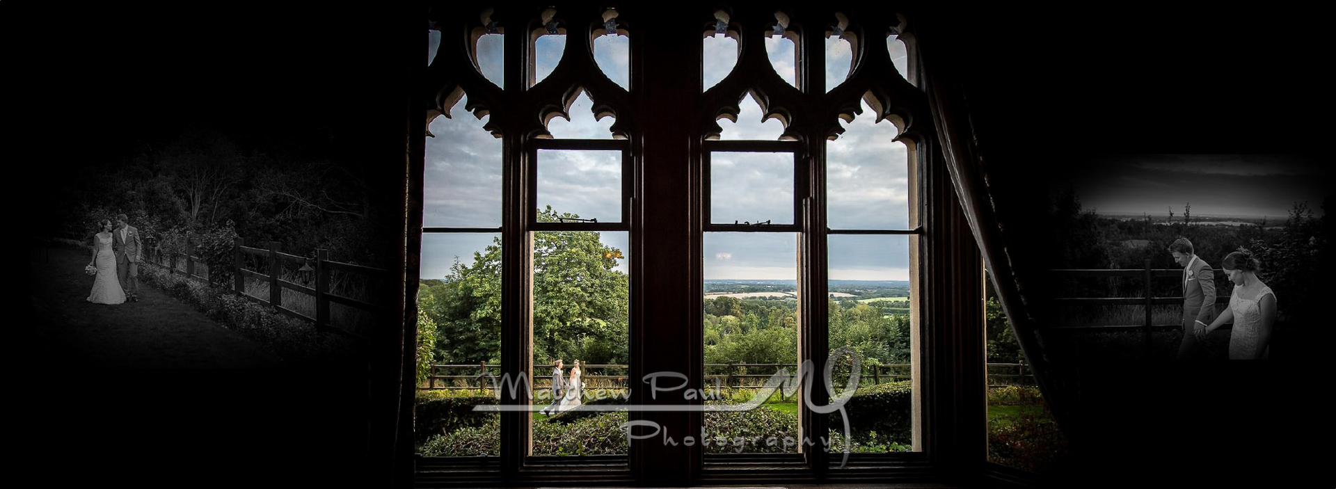 Nutifeld Priory, dramatic window with bride and groom