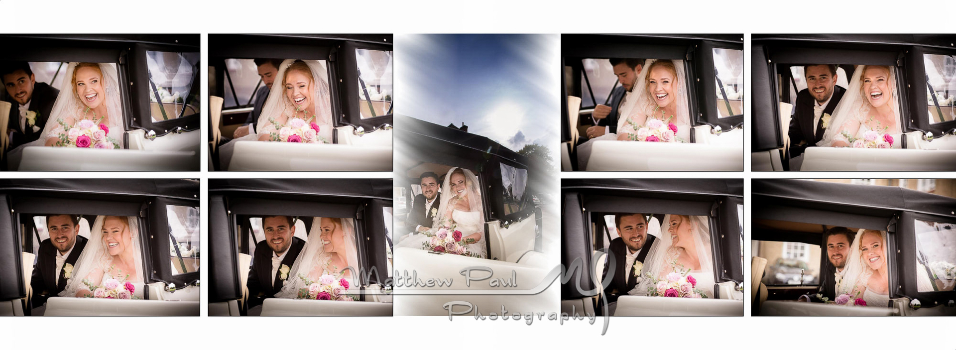 Bride in wedding car, joy